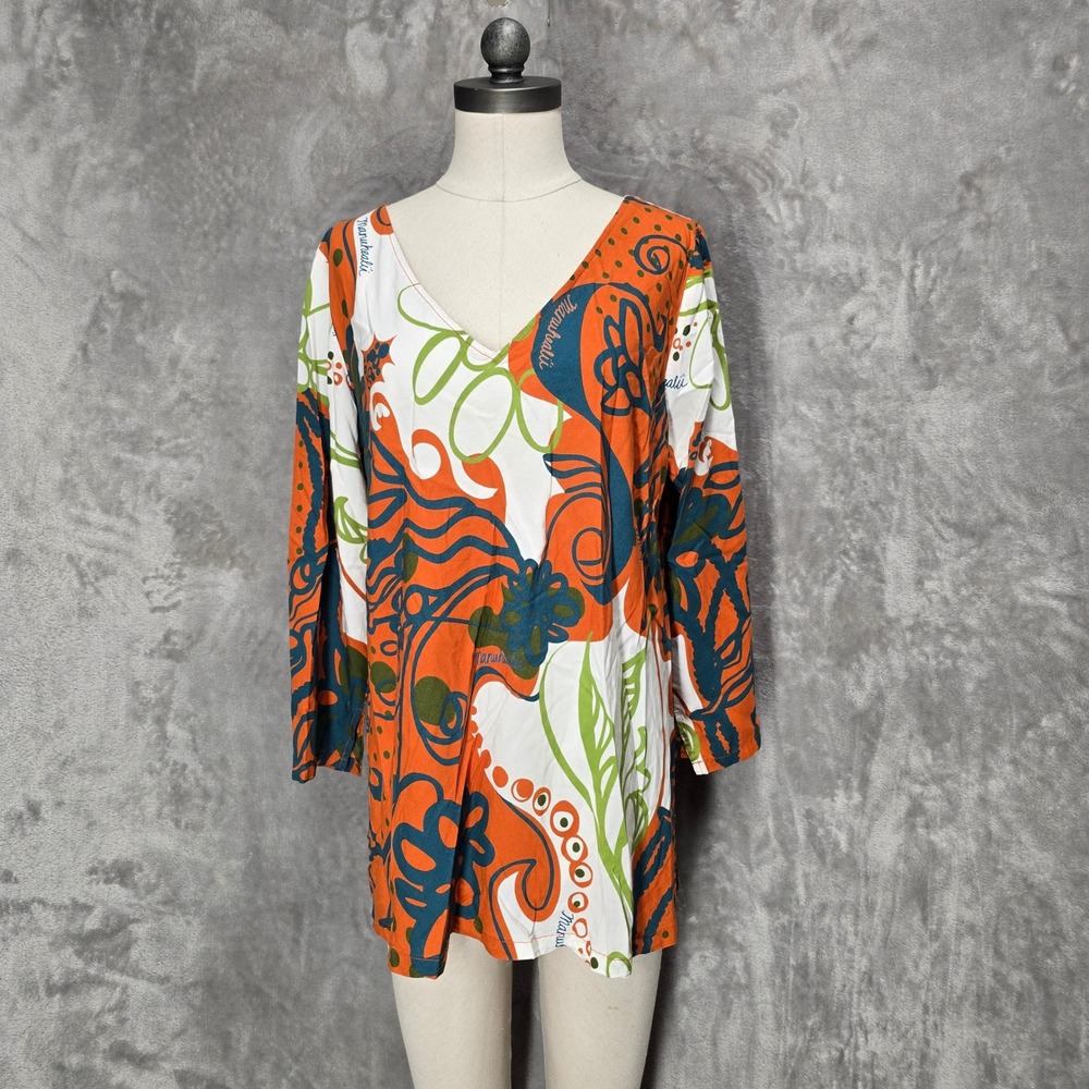 Manuhealii Altered Womens Top XL Orange Blue Floral V-Neck Long Sleeve Shirt